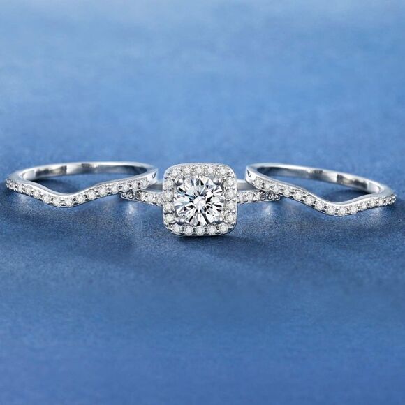 18K White Gold & White Diamond Cubic Zirconia Engagement Wedding Band Set 3 Pcs - Picture 3 of 11